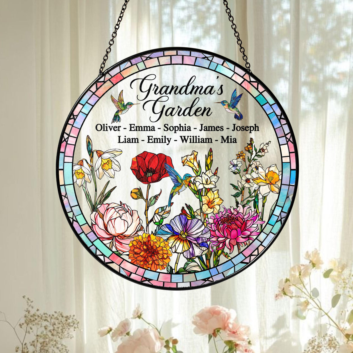 Personalized Birth Month Flowers Stained Glass Suncatcher, Hummingbird Suncatcher, Custom Grandma's Garden Gift, Grandkids Name Flower