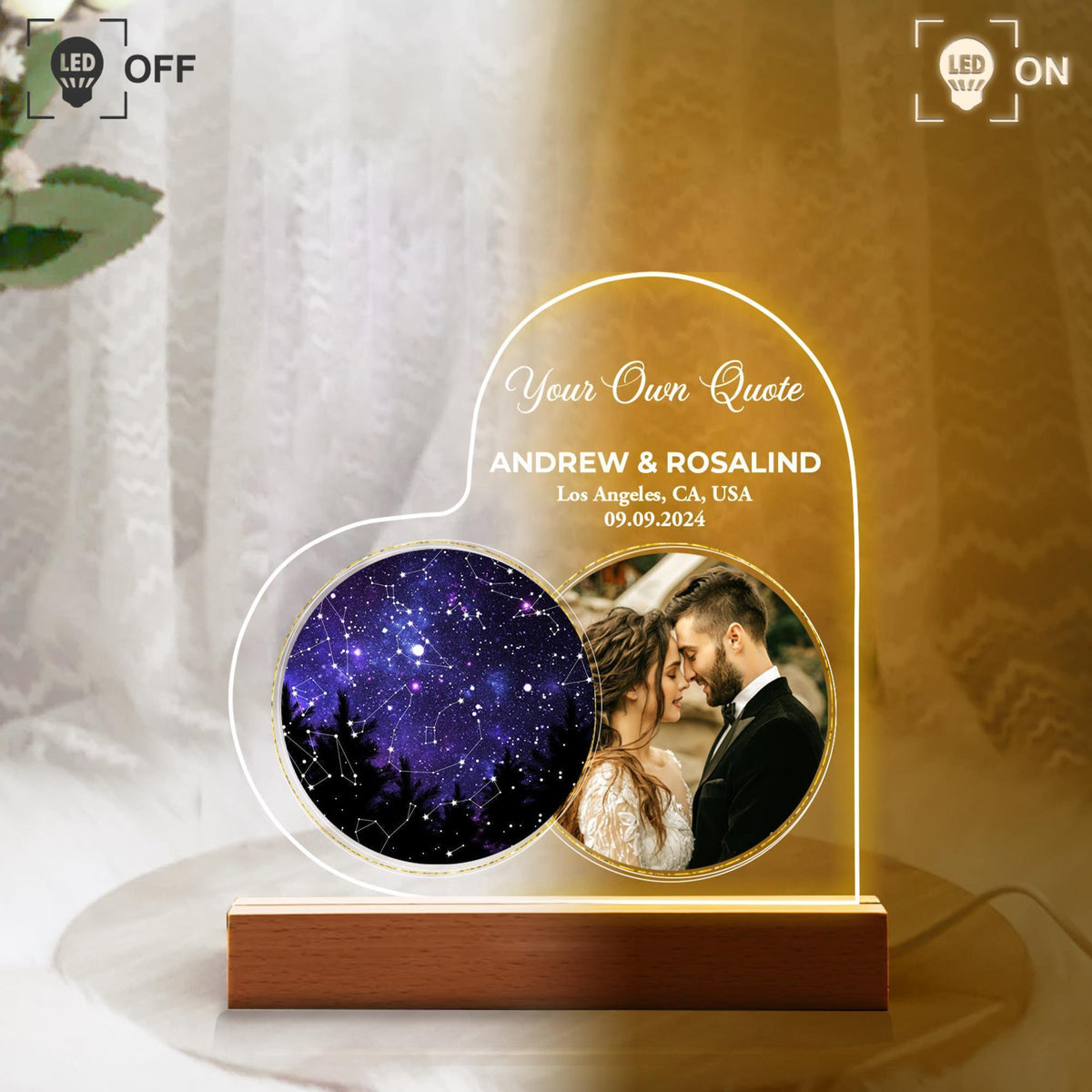 Photo & Star Map on Night Light, Personalized Constellation Map, Custom Desk Name Plate, Gift For Couples