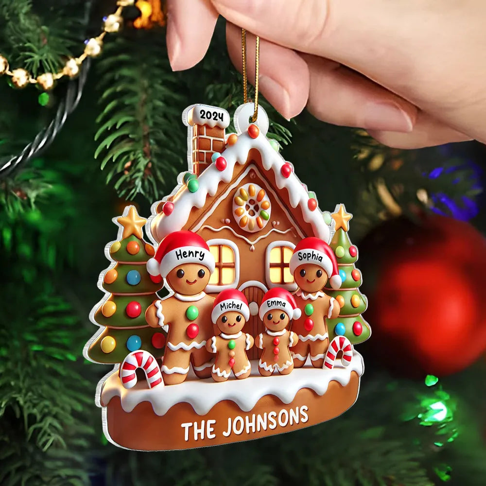 Gingerbread Family With Gingerbread House 3D Effect - Personalized Acrylic Ornament - Christmas Gift For Family