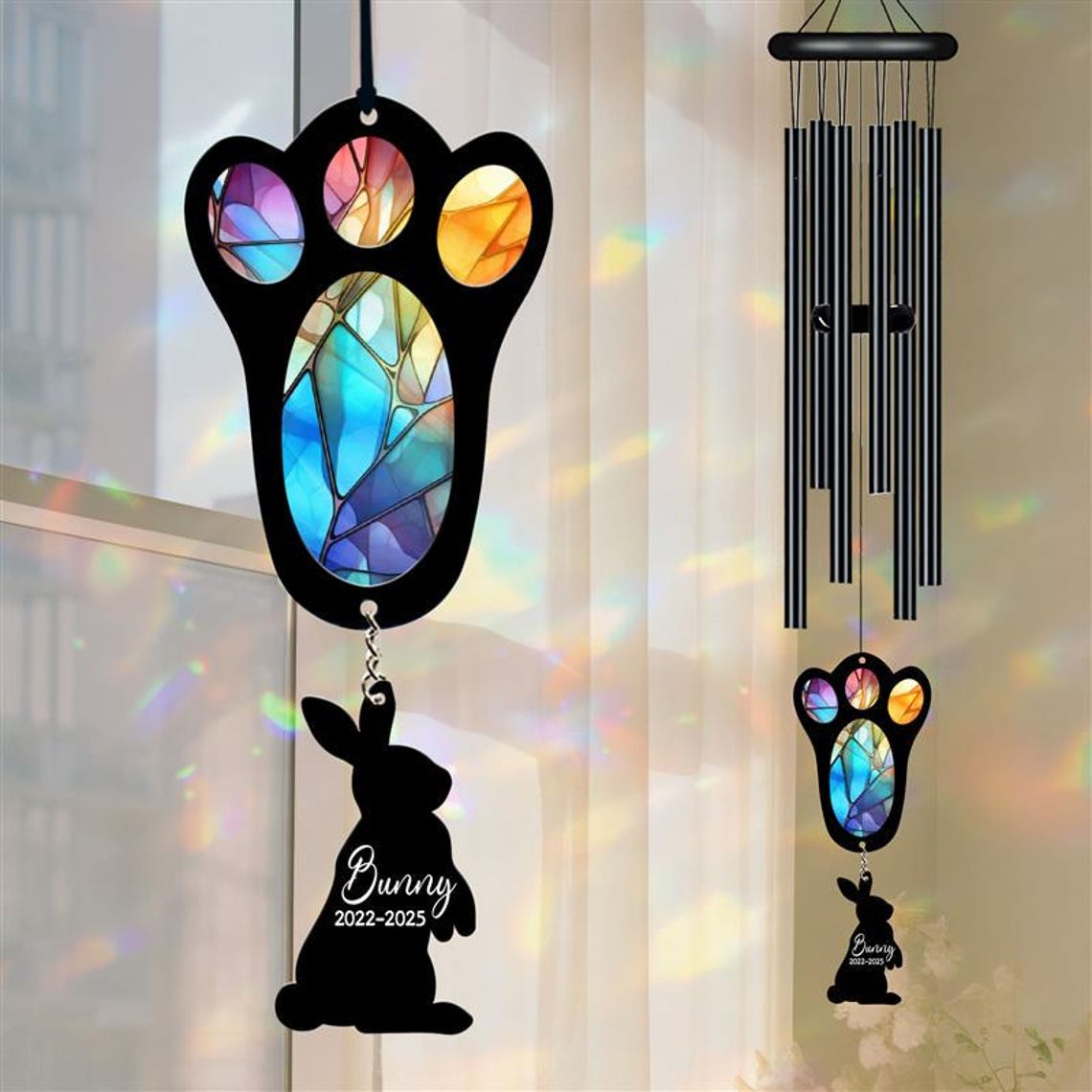 Personalized Pet Memorial Wind Chime, Remembrance Wind Chime, Pet Suncatcher Wind Chime, Bunny Paw, Bunny Loss, Bunny Memorial