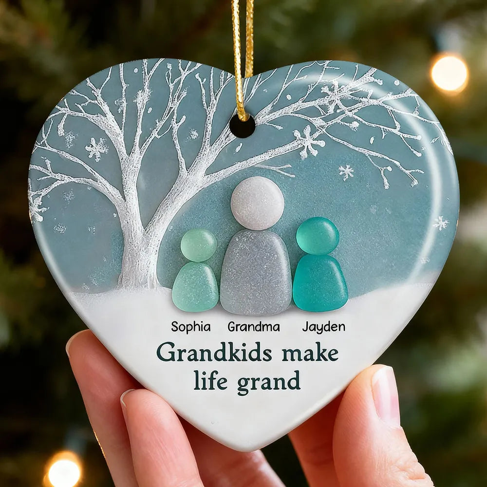 2D Sea Glass Effect Grandma & Grandkids - Personalized Ceramic Ornament - Christmas Gift For Grandchildren, Grandma