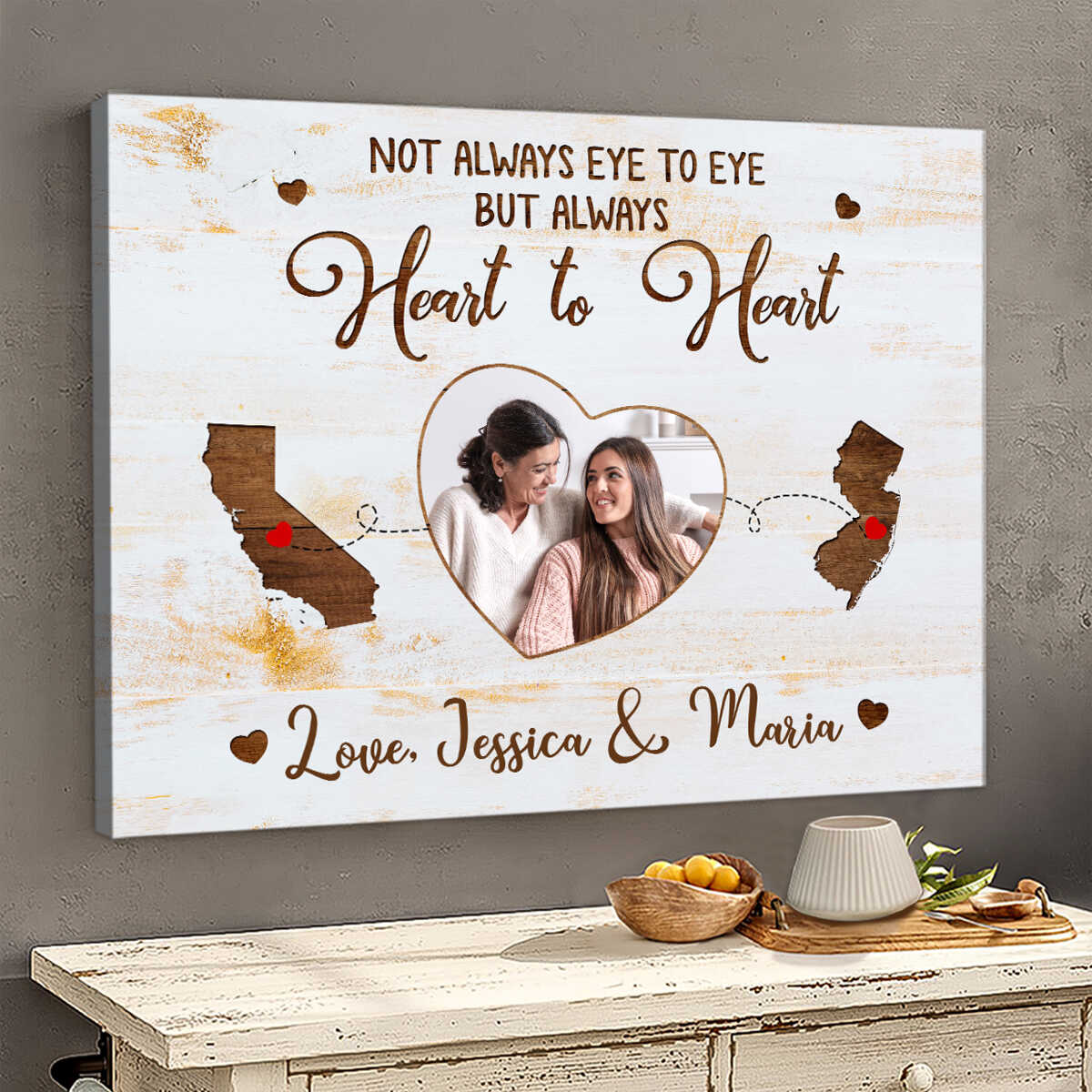 Love Between Mother & Daughter Knows no Distance Wooden Pattern - Personalized Cancas - Gift For Mother, Daughter, Long Distance Gift