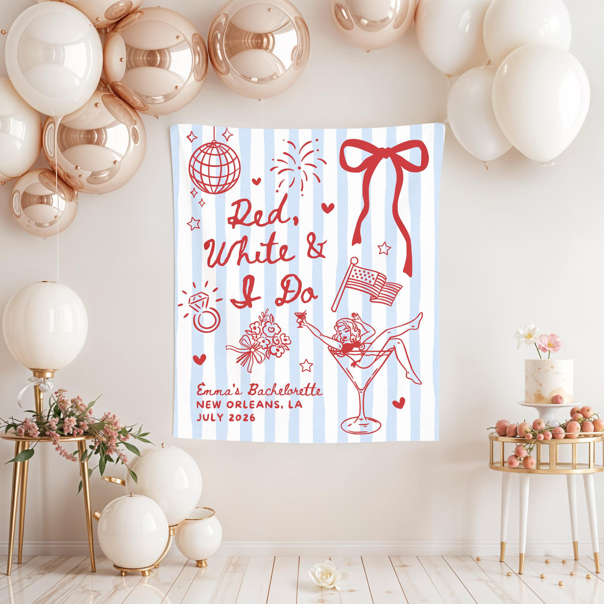 Red White and I Do Bachelorette Banner, 4th of July Cocktail Party Decor, BBQ Bachelorette Backdrop, Bach Photo Booth, Martini Bridal Shower