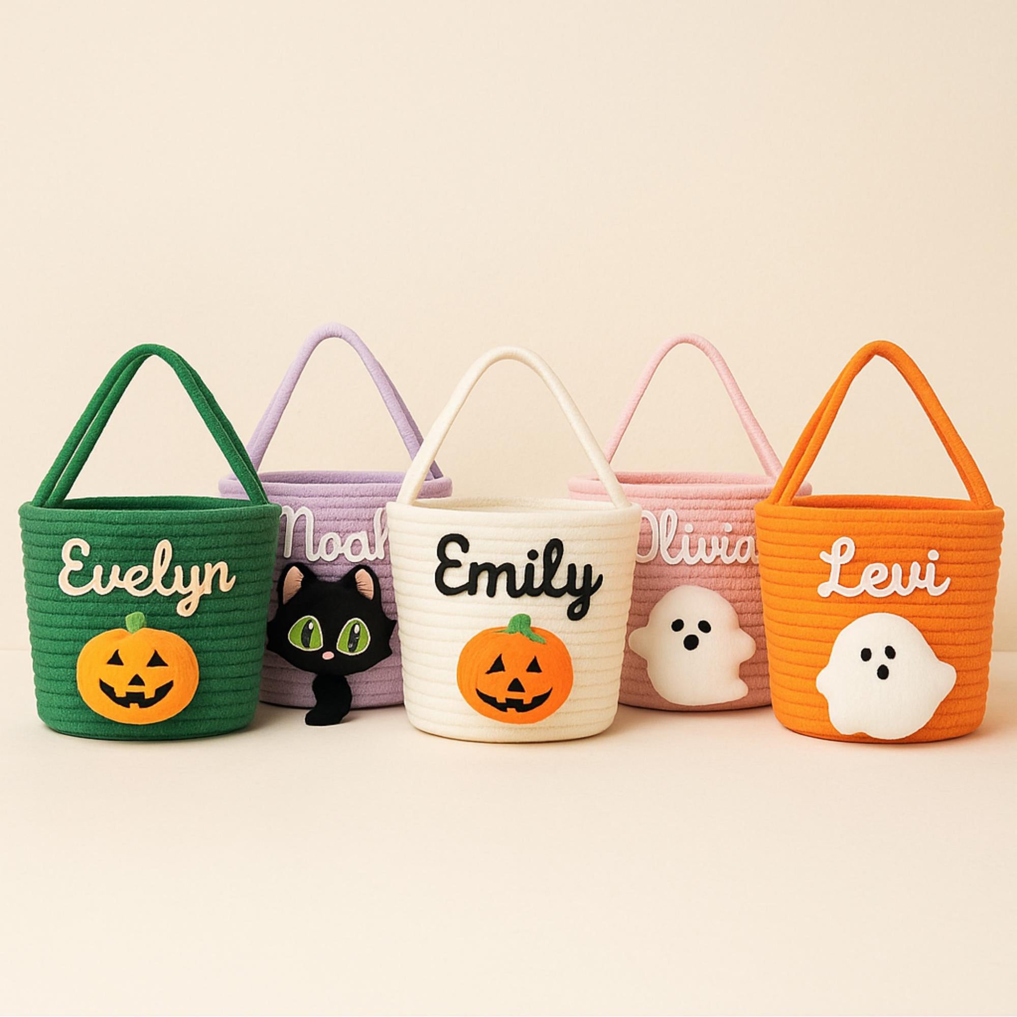 Custom Halloween Candy Basket Name Embroidery, Trick or Treat Tote Bag, Kids Pumpkin Bucket, Soft Rope Halloween Decor Bag, Halloween Gifts