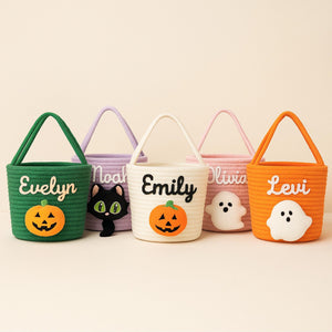 Custom Halloween Candy Basket Name Embroidery, Trick or Treat Tote Bag, Kids Pumpkin Bucket, Soft Rope Halloween Decor Bag, Halloween Gifts