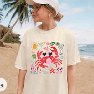 Comfort Colors Funny Crab Shirt, Crab Blowing Bubble Graphic Tee, Beach Vibes Nautical T-shirt, Summer Vacation Gift, Graphic Summer Shirt
