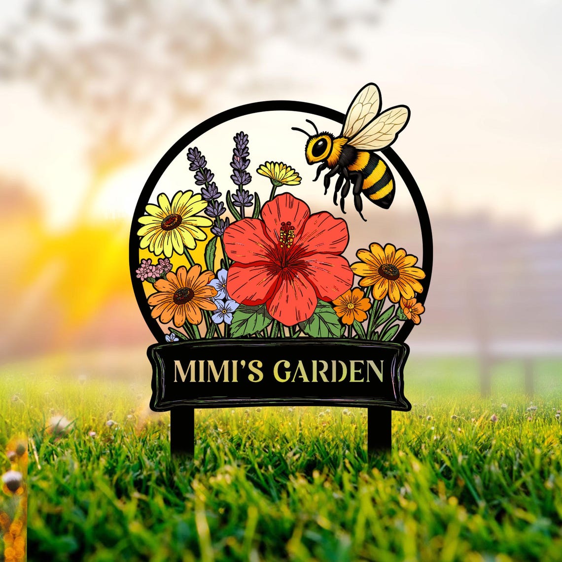 Custom Bee Garden Sign with Stakes, Mother's Day Gift for Mimi, Bee Floral Yard Stake, Flower Bed Decor, Gardener Gift, Nana's Blessings