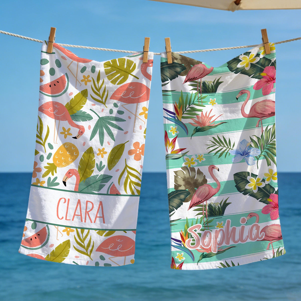 Custom Flamingo Tropic Summer Beach Towel, Flamingo Jungle Theme Gift, Custom Name Holiday Travel Bath Towel, Beach Lover's Gift, Gift for Girls