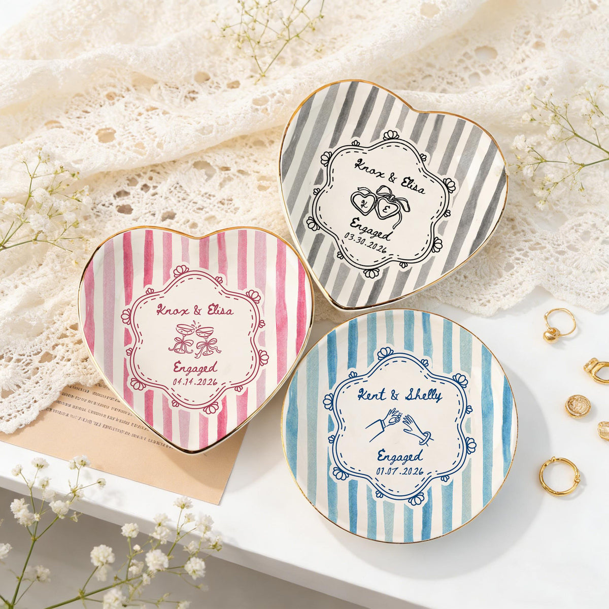 Personalized Wedding Ring Dish, Colorful Stripe Jewelry Dish for Couple, Sentimental Gift for Bride, Engagement Gift, Anniversary