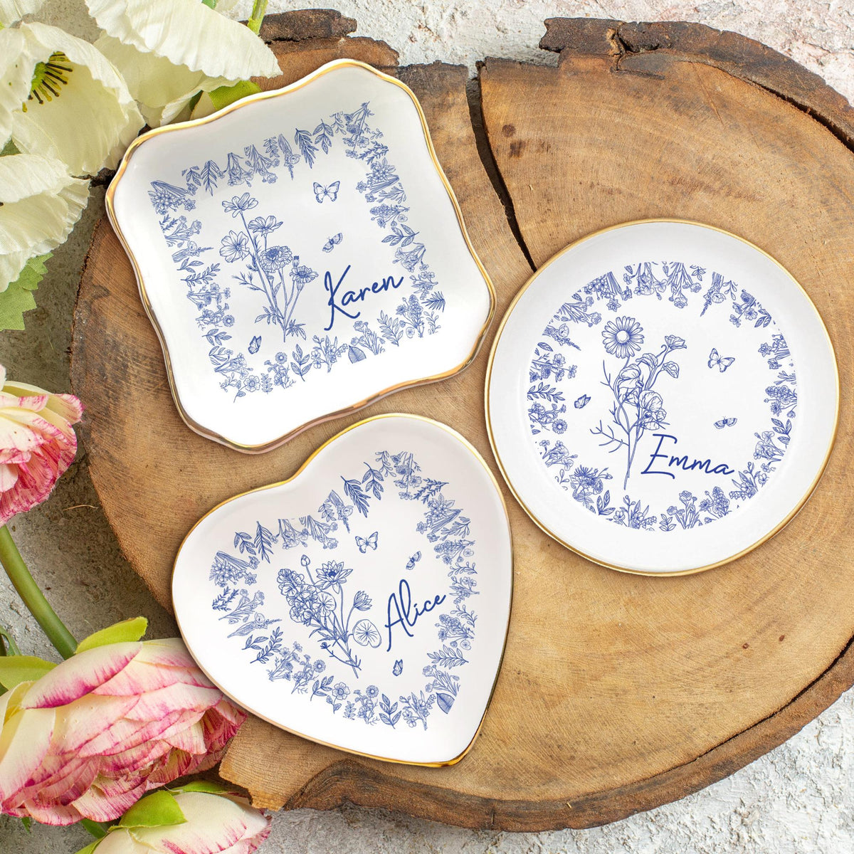 Personalized Birth Flower Trinket Dish, Custom Ceramic Jewelry Tray, Birthday Gift For Her