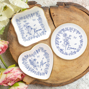 Personalized Birth Flower Trinket Dish, Custom Ceramic Jewelry Tray, Birthday Gift For Her