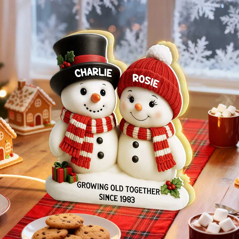 Snowman Couple Growing Old Together - Personalized Acrylic Light Box - Christmas Gift For Couple