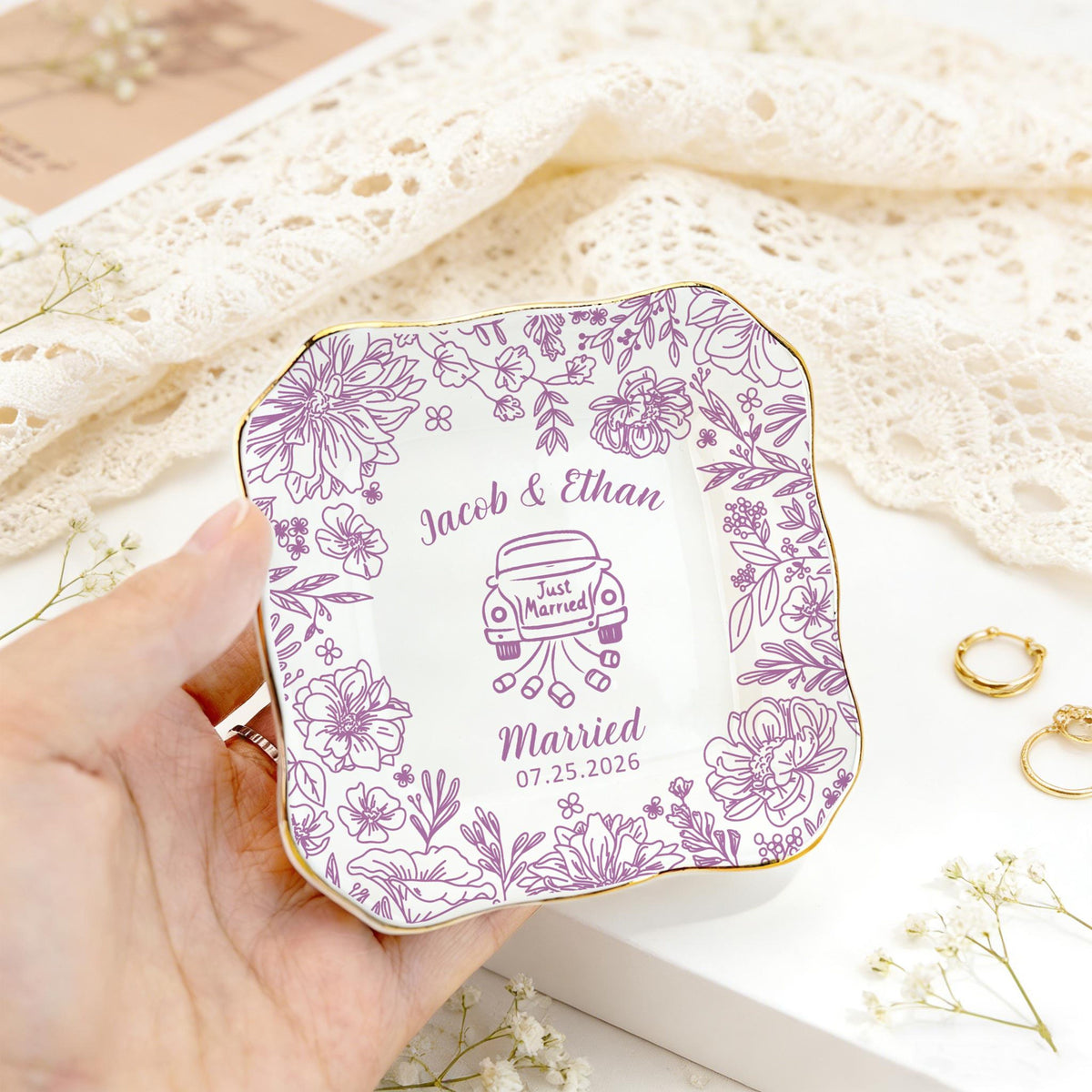 Personalized Wedding Ring Dish, Flower Jewelry Dish for Couple, Sentimental Gift for Bride, Engagement Gift, Anniversary Married Keepsake