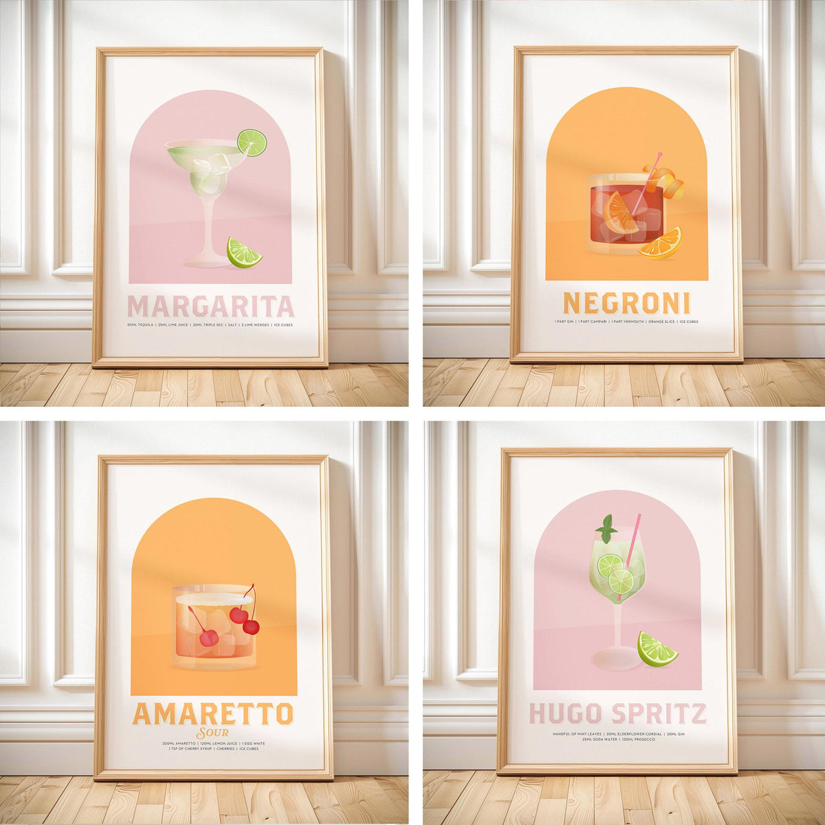 Retro Cocktail Art Print Set, Bar Drinks Poster Canvas, Gift For Barista, Drink Wall Art Decor