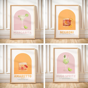 Retro Cocktail Art Print Set, Bar Drinks Poster Canvas, Gift For Barista, Drink Wall Art Decor