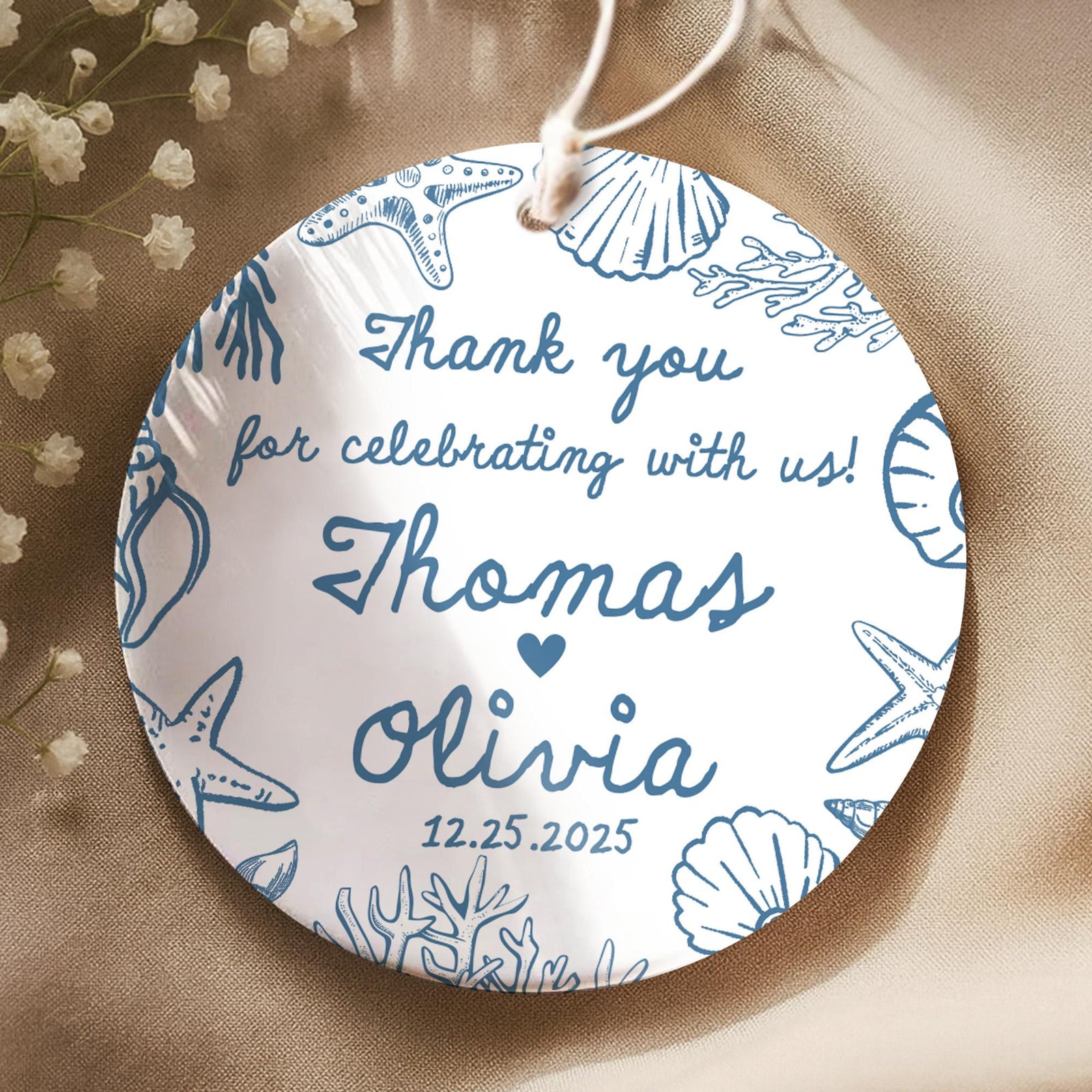 Personalized Thank You Wedding Guests Ornament, Custom Beach Wedding Ceramic Ornament, 2025 Wedding Favor, Thank You Gift For Wedding Guests
