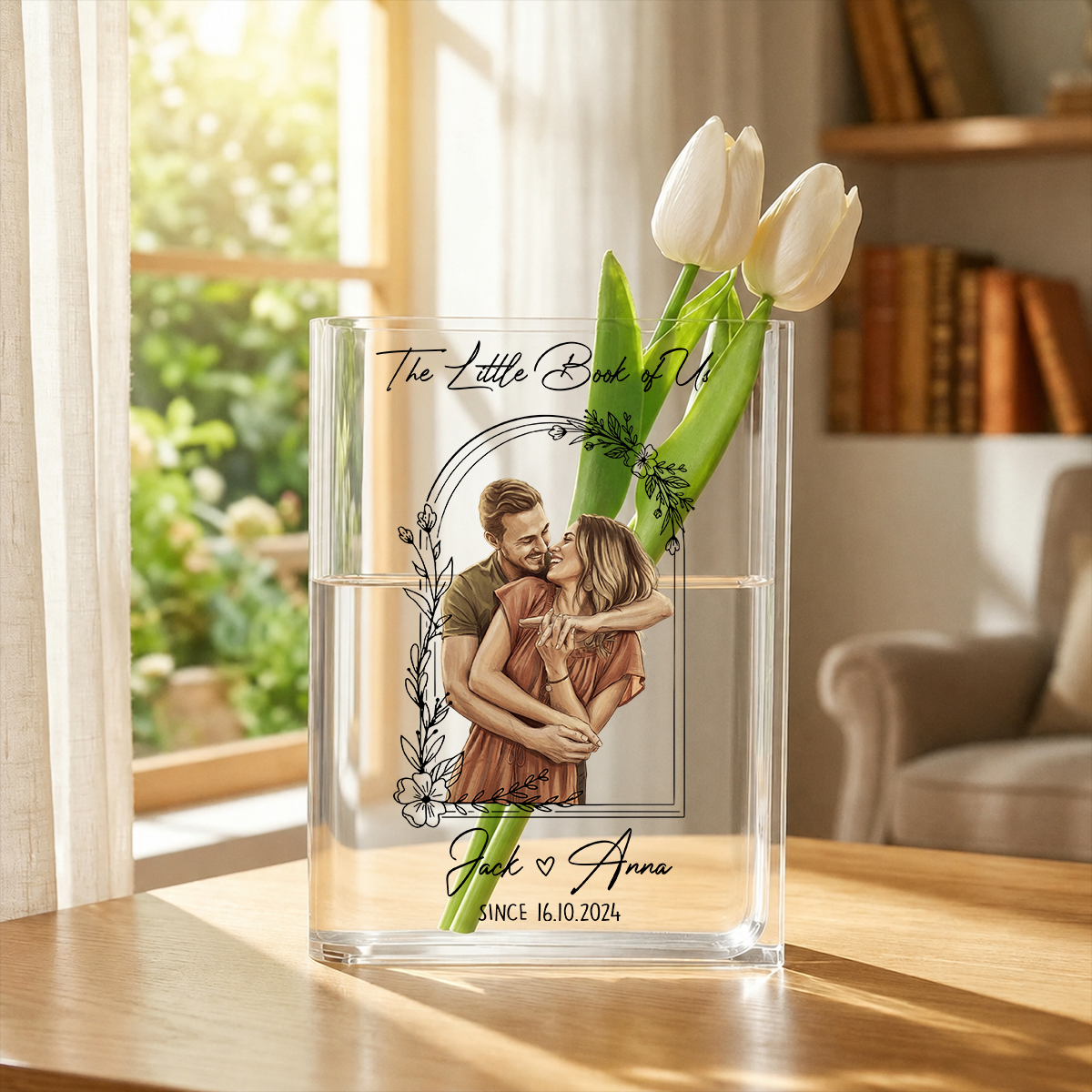 Anniversary Gifts - Custom Photo Couples Art - Personalized Journal Clear Acrylic Book Vase for Flowers, Transparent Flower Vase