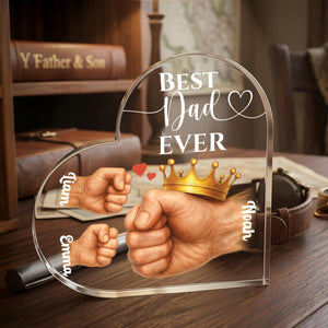 Personalized Father and Kids Fists Acrylic Heart Block, Custom Fathers Day Gift for Dad, Best Dad Ever Keepsake, Dad's Office Desk Decor