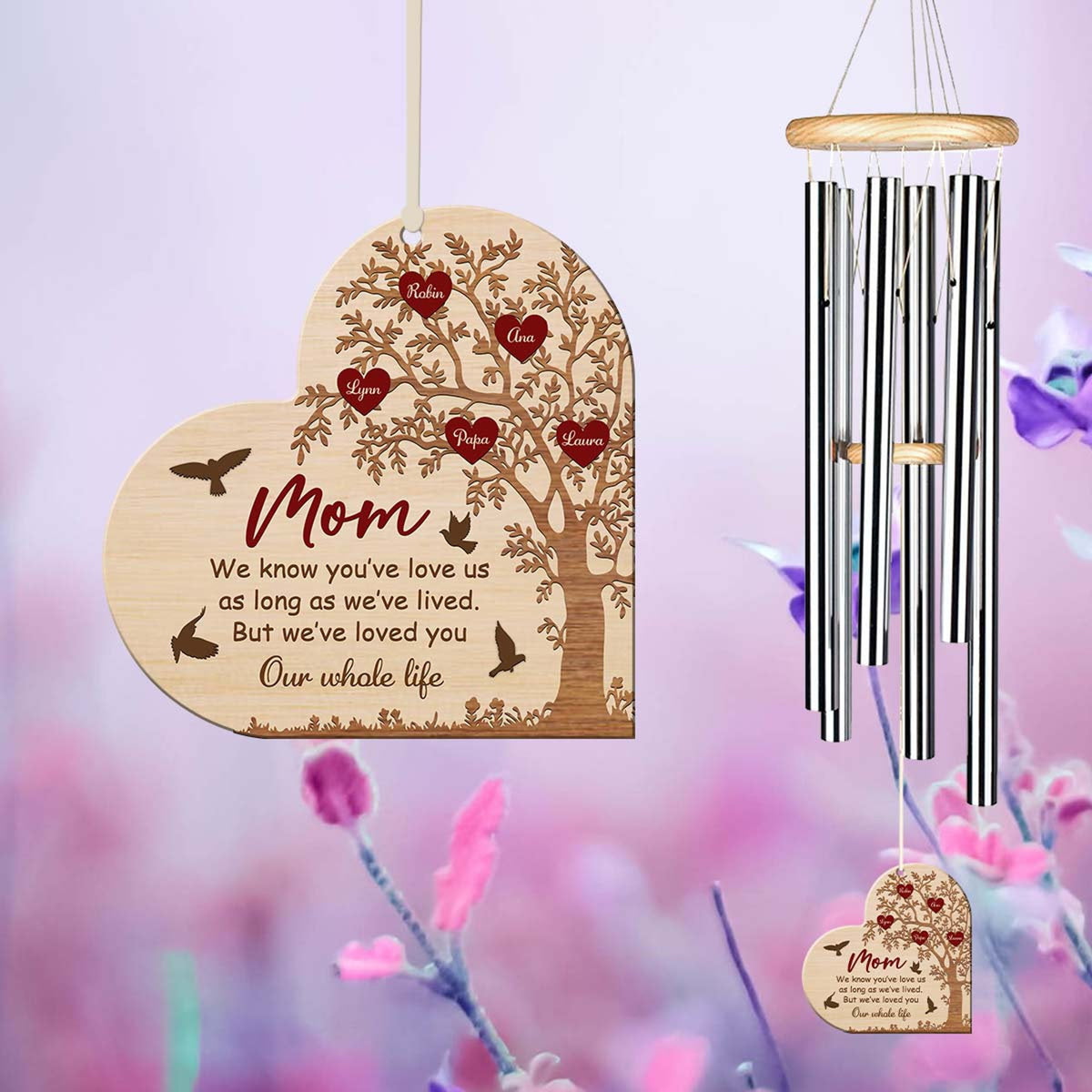 Personalized Mom Wind Chime, Custom Kid Name Sign, Heart Keepsake, Wood Wind Chime, Gift for Grandma, Mother's Day Gift, Home Decor