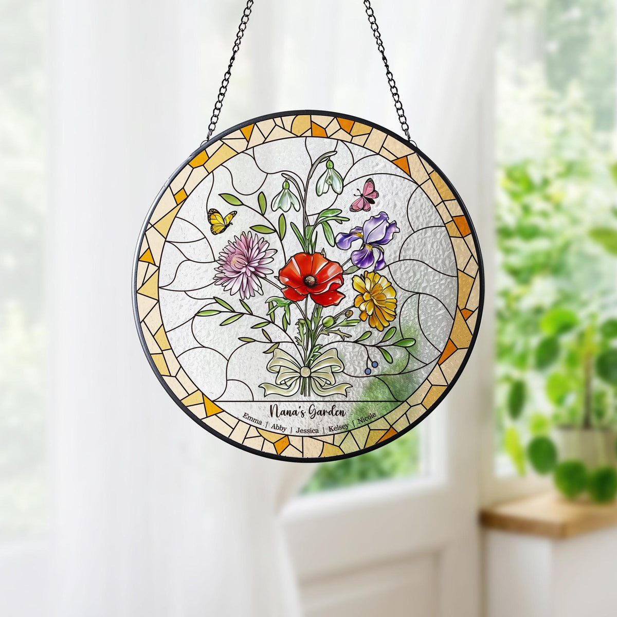 Personalized Birth Flower Stained Glass Suncatcher with 3D Raised Detail, Family Bouquet Window Hanging, Mothers Day Gift for Mom or Grandma