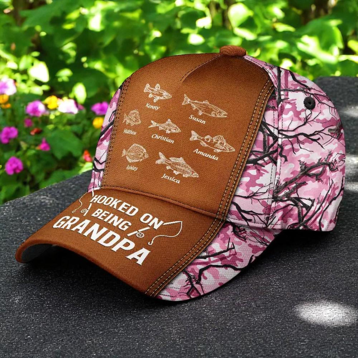 Hooked On Being Dad and Grandpa Fishing Cap - Personalised Classic Cap, Father's Day Gift For Dad, Cap For Grandpa, Dad And Kid Name Cap