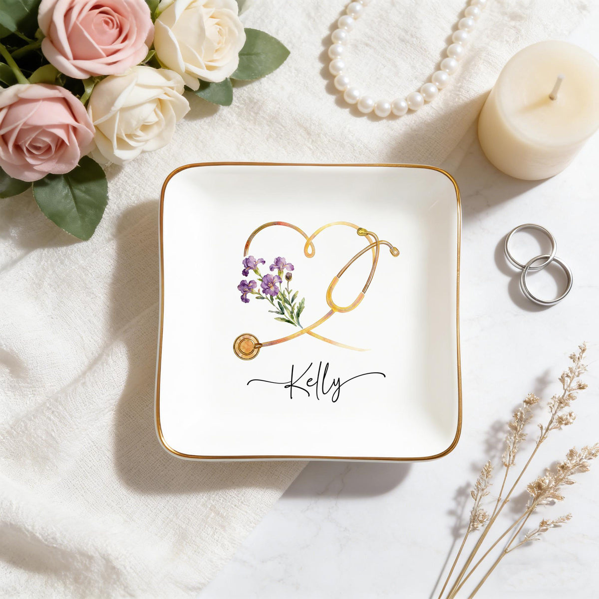 Personalized Nurse Ring Dish: Nurse Graduation Jewelry Dish, Stethoscope Trinket Dish With Name, Nurse Retirement Keepsake, Nurse Day Gift