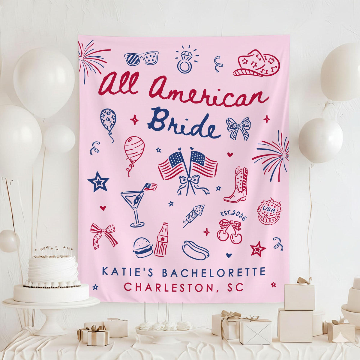All American Bride Bachelorette Tapestry, Independence Day Bach Banner Decor, Custom Fourth Of July American Backdrop, 4th of July BridalShower