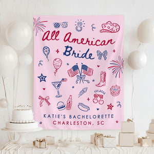 All American Bride Bachelorette Tapestry, Independence Day Bach Banner Decor, Custom Fourth Of July American Backdrop, 4th of July BridalShower