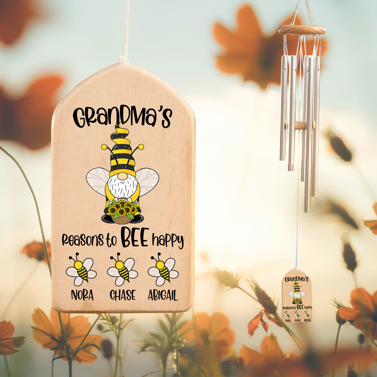 Grandma's Reason To Bee Happy, Cute Grandkid Bee - Personalized Windchime - Gift For Grandma, Mother's Day, Birthday Gift