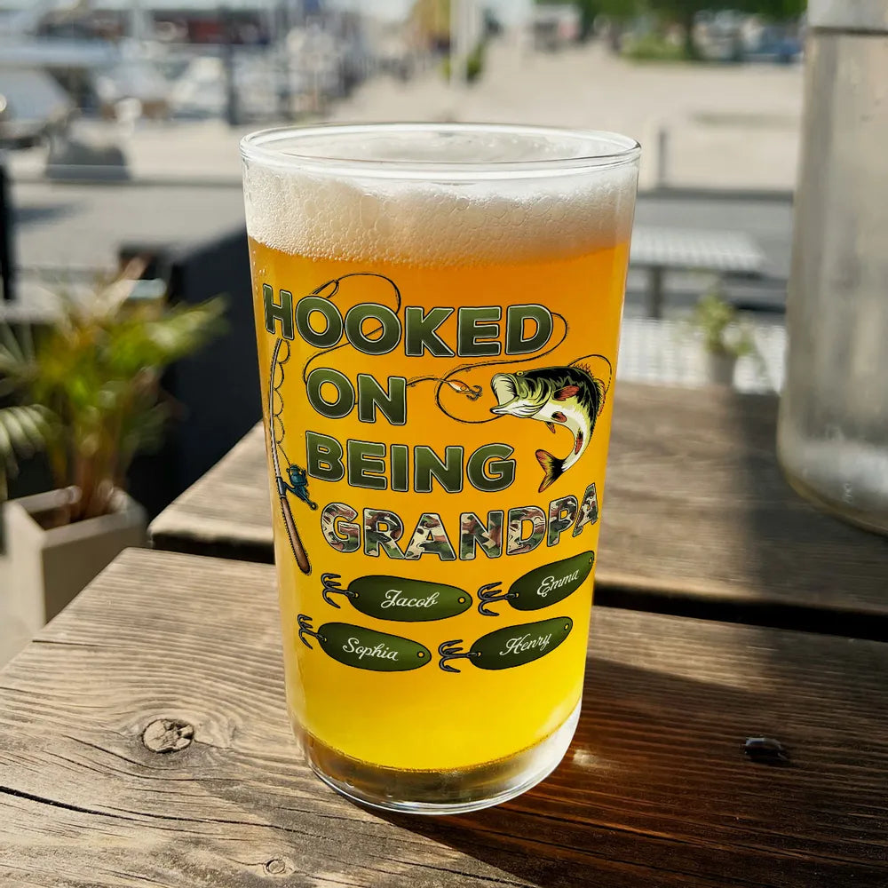 Hook On Being Grandpa Fishing Camouflage - Personalized Beer Glass - Gift For Dad Papa On Father's Day, Birthday Gift