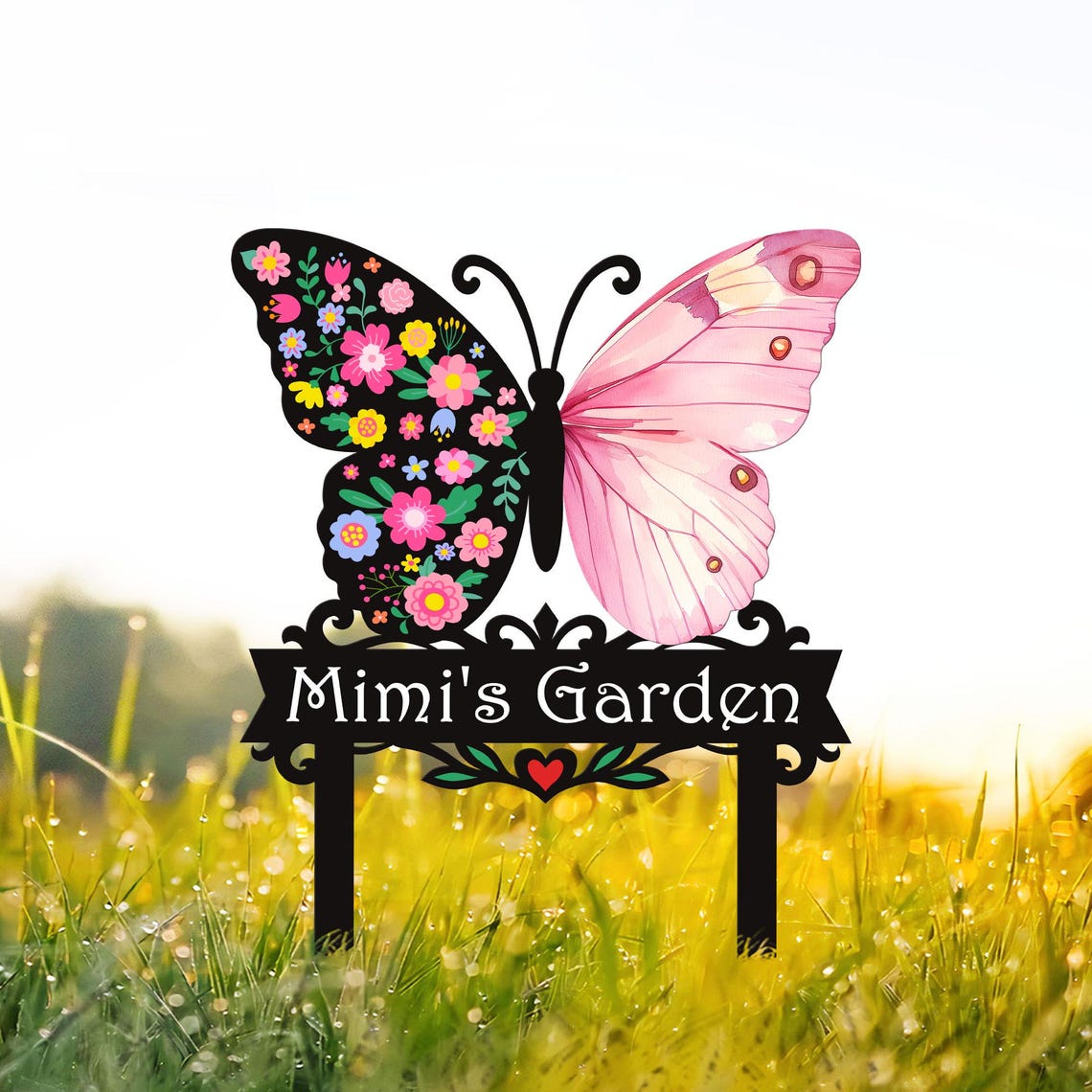 Custom Butterfly Garden Sign With Stakes, Butterfly Metal Sign, Mother's Day Gift, Flower Bed Decor, Metal Yard Art, Nana's Blessings