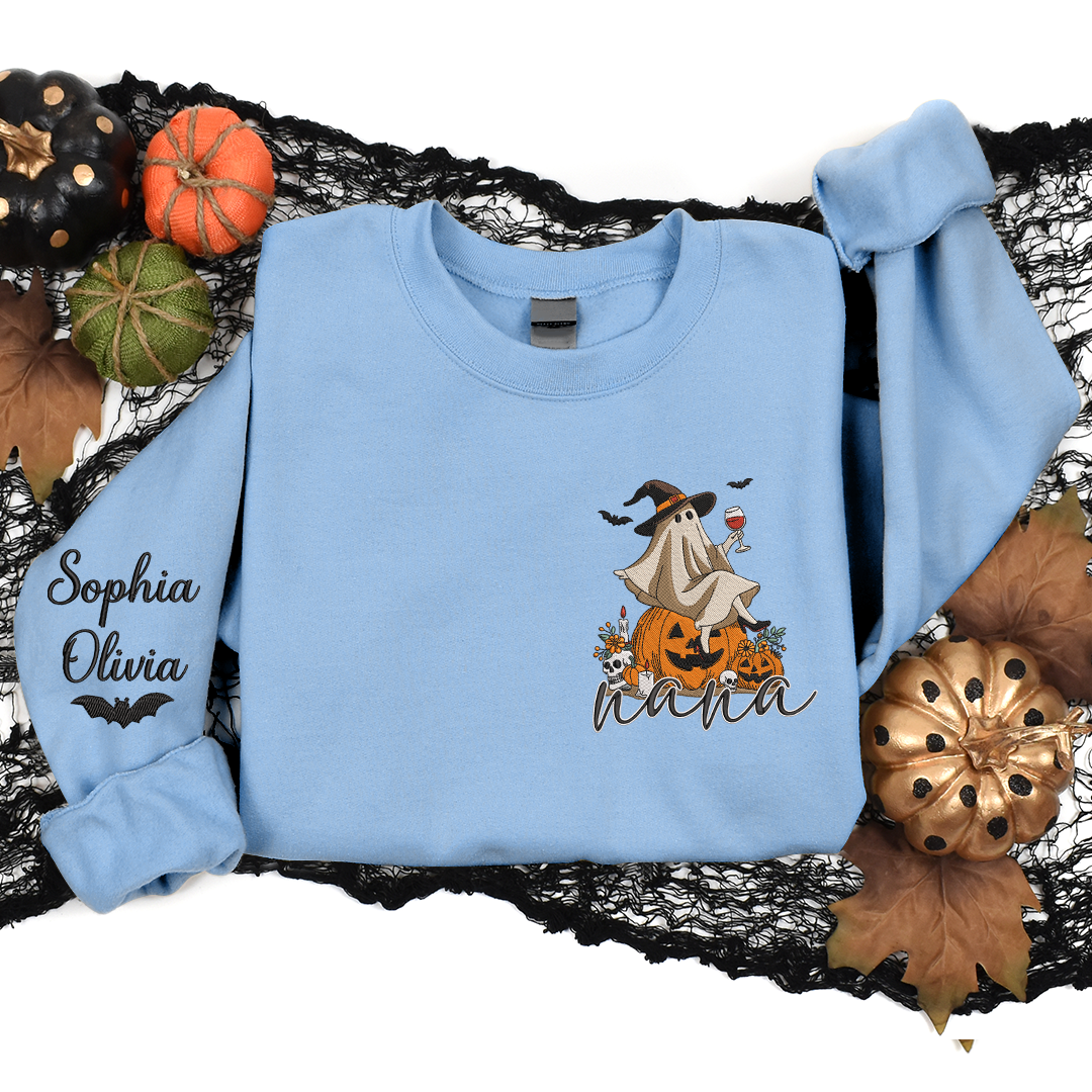 Embroidery Halloween Ghost Wine Witch Hat Pumpkin Fall Gift Grandma And Kids