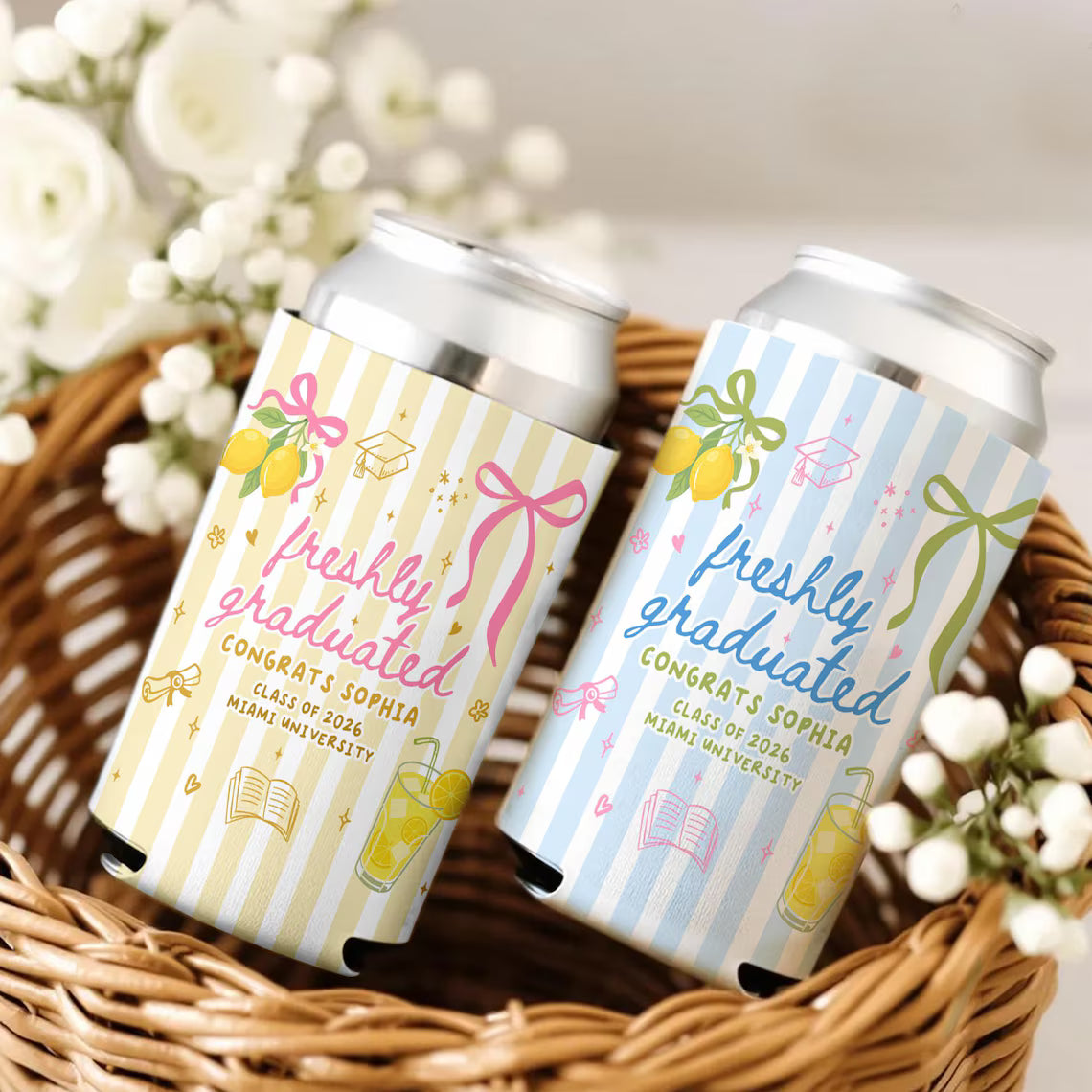 Personalized Summer Vibe Graduation Can Cooler, Striped Graduate Can Cooler, Congrats College Graduate Party Favors, Graduation Party Favors