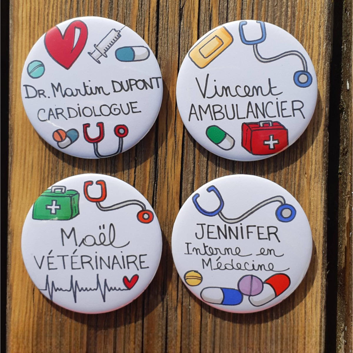 Personalized medical or non-medical Pin Buttons , For nurse, doctor, nursing assistant, secretary, ASH, assistant, pharmacy