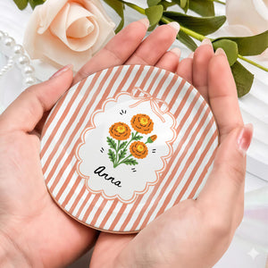 Personalized Birth Flower Custom Name Ring Dish, Stripe Vintage Style Jewelry Dish for Her Daughter Friends, Bridesmaid Proposal Gift