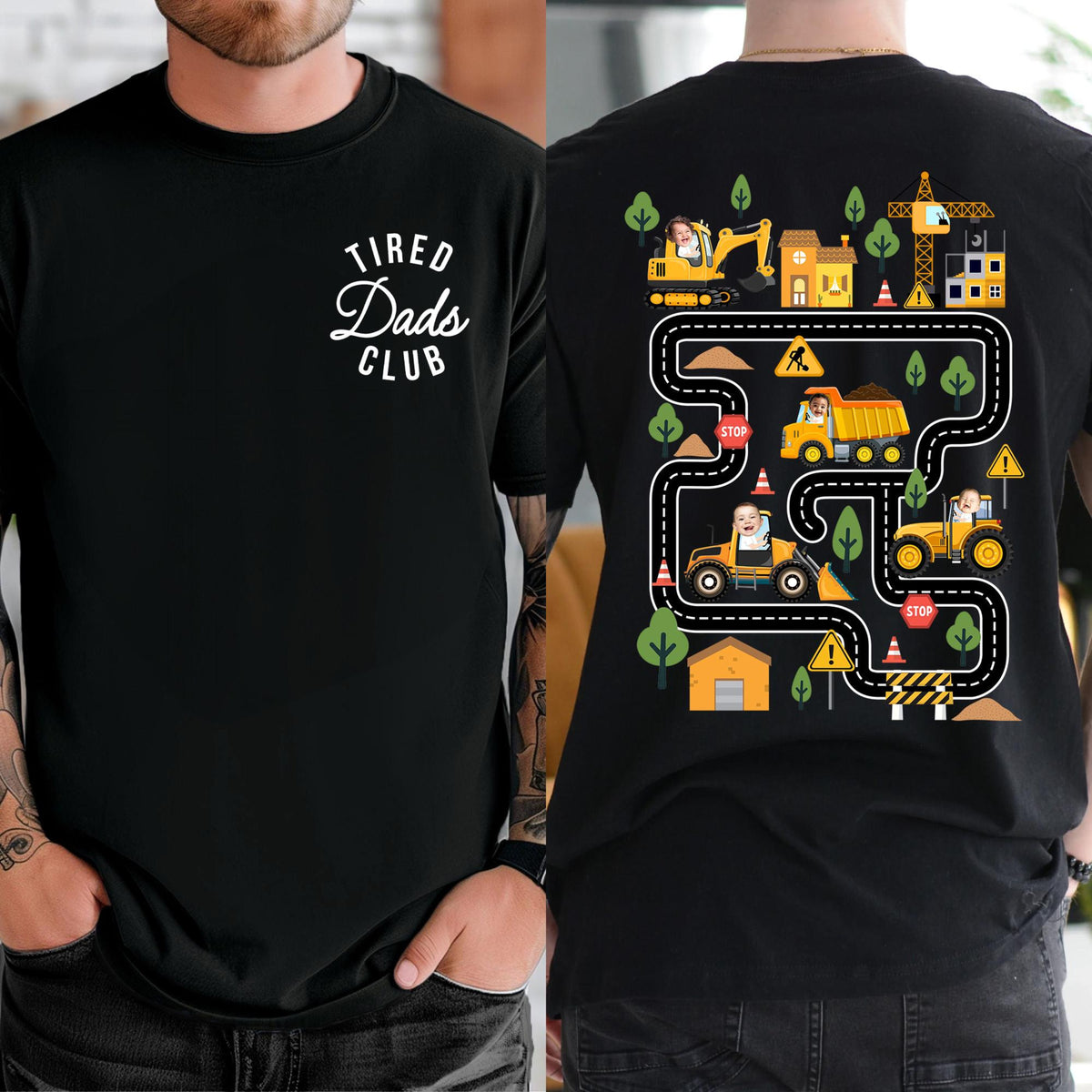 Personalized Tired Dad Club Construction Car Road Map Shirt, Custom Kids Face Dad Shirt, Gift For Dad From Son, Fathers Day Gift for Husband