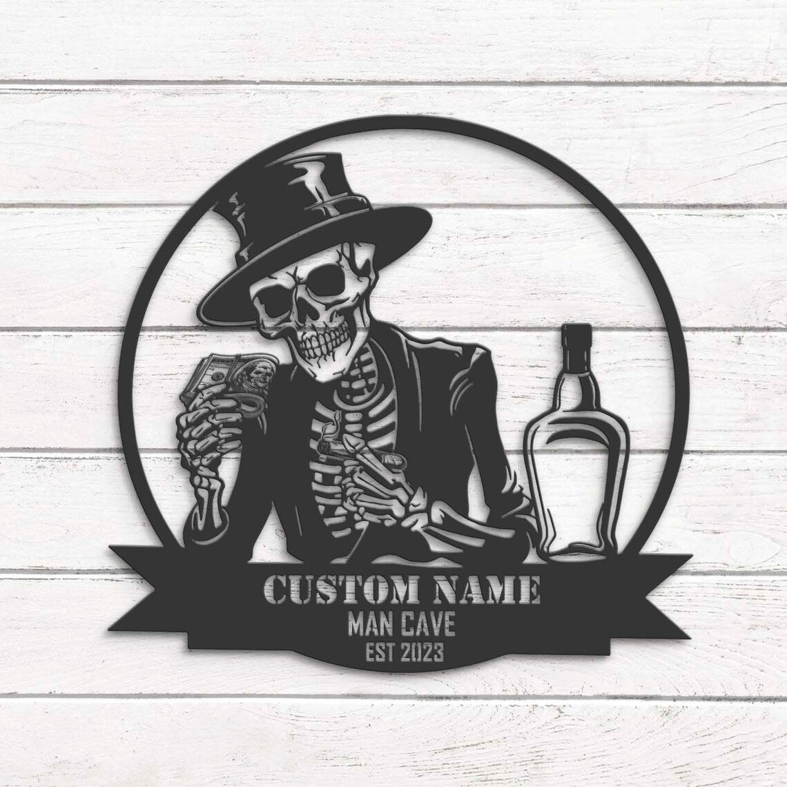 Custom Skeleton Bourbon Cigar Dollars Metal Wall Art LED Light, Personalized Whiskey Bar Pub Name Sign Decor, Man Cave Halloween Decoration