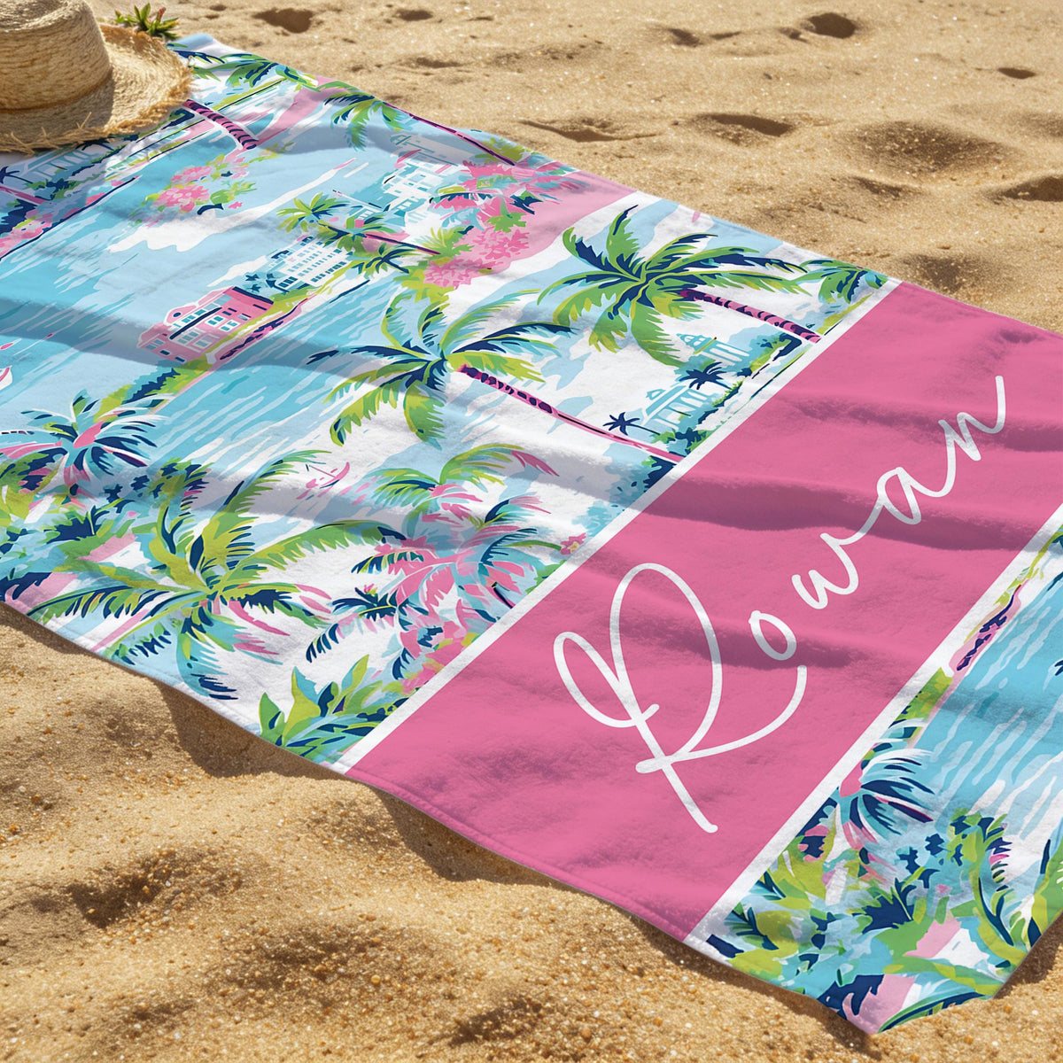 Custom Palm Tree Tropical Beach Towel, Custom Name Birthday Party Pool Towel, Bachelor Bath Towel, Vacation Gift for Girls, Beach Lover's Gifts