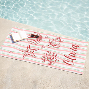 Personalized Shell & Sea Turtle Beach Towel, Custom Name Summer Beach Blanket, Spa, Pool, Travel, Fun Ocean Gift