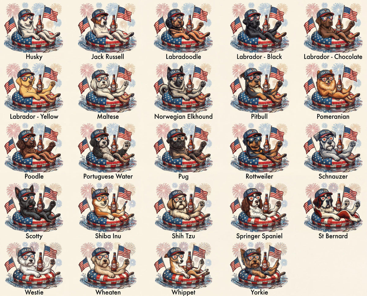 Patriotic Dogs Comfort Colors 4th of July Dog T-Shirts, 124+ Dog Breeds, Custom Available, USA Flag, Fireworks, USA 250 Shirt
