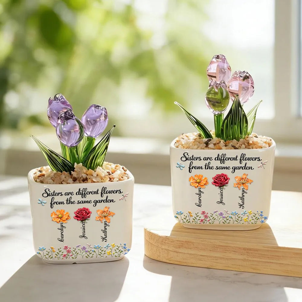 Sisters Are Different Flowers From The Same Garden - Personalized Mini Glass Flower Pot - Gift For Sisters, Besties, Friends