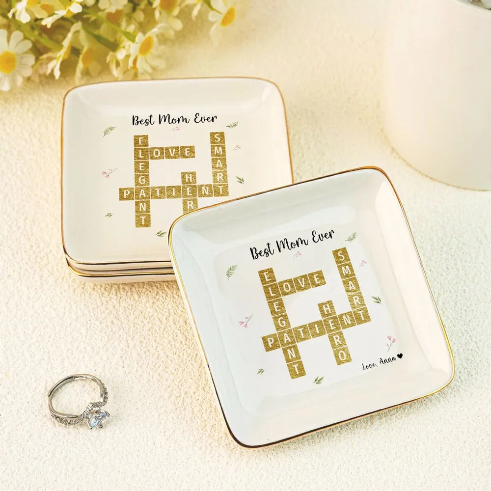 Best Mom Ever Appreciation Crossword Art - Personalized Jewelry Plate - Gift For Mom, Mother's Day, Birthday Gift