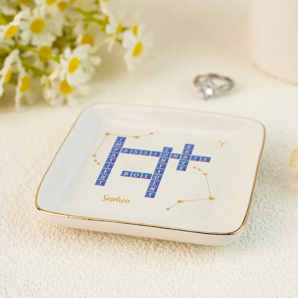 Character Qualities Crossword With Zodiac Sign - Personalized Jewelry Plate - Gift For Mother