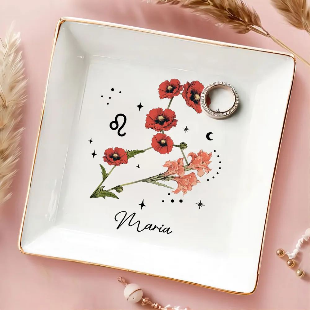 Zodiac Sign Birth Month Flower - Personalized Jewelry Plate - Gift For Mother, Daughter, Sister, Family