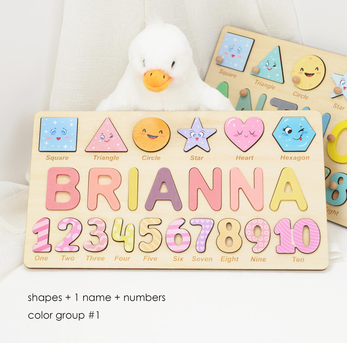 Preschool Educational Name Puzzle Gift for Boys & Girls, Custom Name Puzzle with Numbers and Geometry Shapes, Free Back Engraving Baby Gift