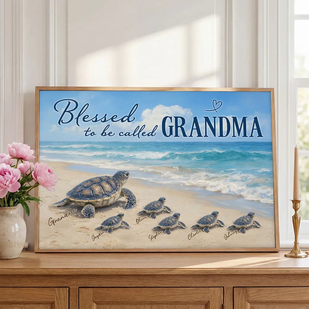 Grandma Turtle's Little Grandkids by the Shore - Personalized Canvas - Mother's Day Gift For Mom, Grandma