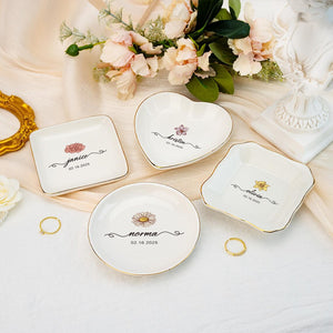 Personalised Birth Flower Trinket Dish, Flower Name Jewelry Dish, Bridesmaid Ring Dish Wedding Favors, Birthday Gift for Friend, Date Ring Dish