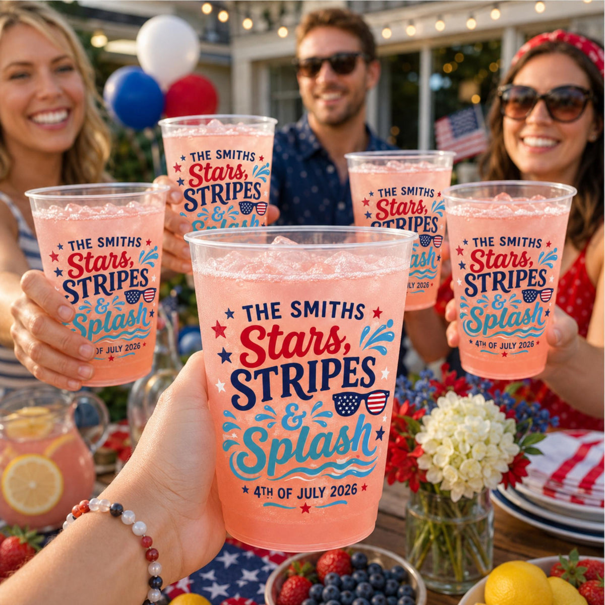Personalized Pool Party Plastic Cups, Custom Stars Stripes and Splash Cups, 4th of July Family Pool Party Cups