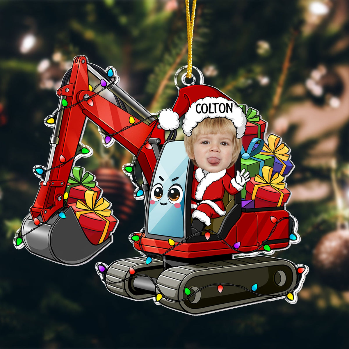 Custom Kid Face Cartoon Excavator - Personalized Acrylic Shaped Ornament - Christmas Gift For Kids