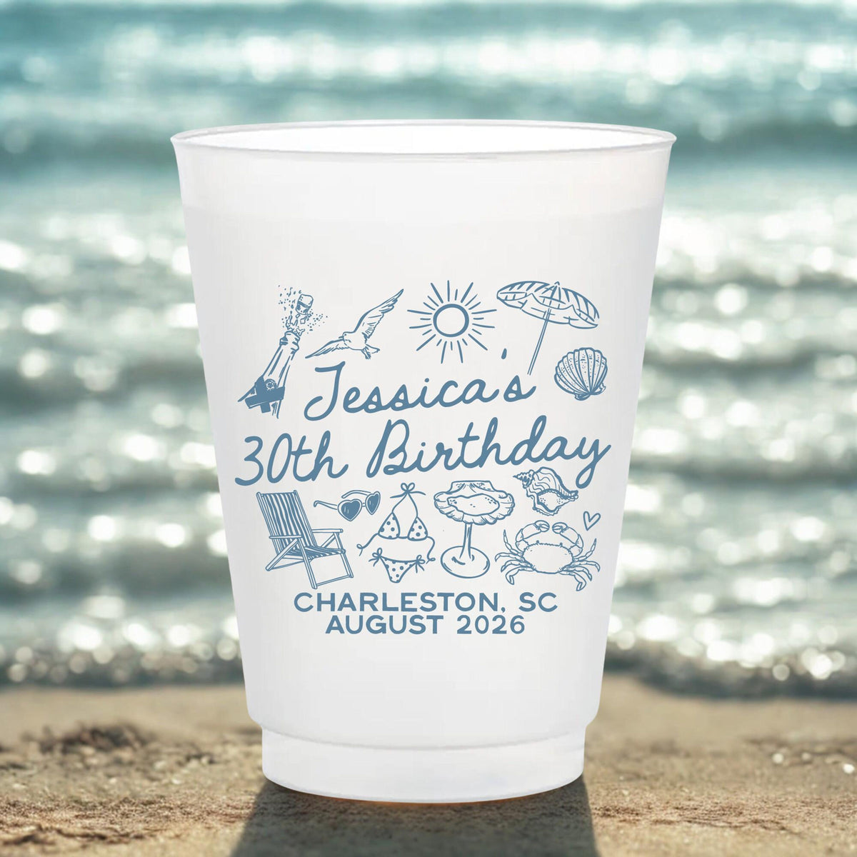 Beach Birthday Cups Coastal Birthday Party Decor, Custom Frosted Cup for Birthday Party, Personalized Frosted Cup